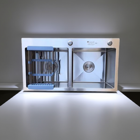 Chậu inox 304 hai hố cân – đúc nguyên khối, bền bỉ, chống gỉ, dễ vệ sinh