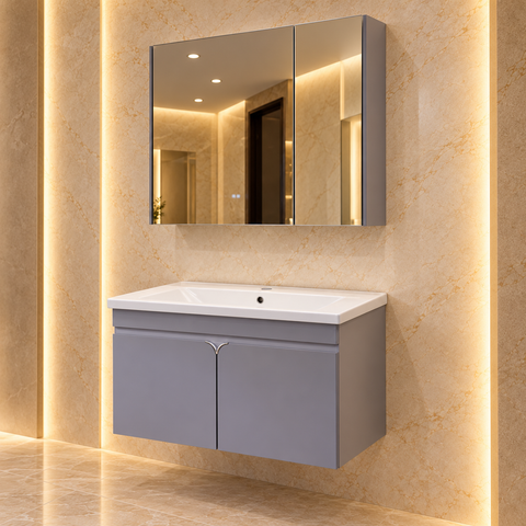 Bộ tủ lavabo 372 80cm màu xám, cánh thép không gỉ, thân PVC đặc, tủ gương LED sấy gương