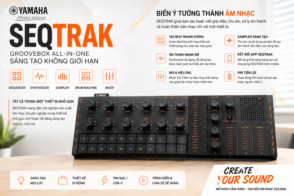 Yamaha SEQTRAK – Groovebox Sản Xuất Âm Nhạc Di Động, Nhỏ Gọn Và Mạnh Mẽ