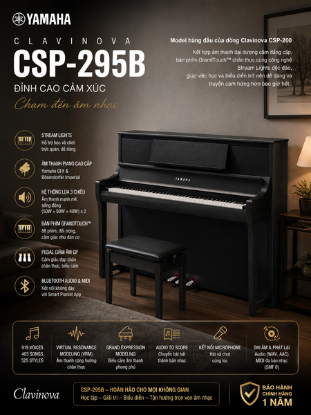 Đàn Piano Điện Yamaha Clavinova CSP-295 Chính Hãng | GrandTouch™ | Smart Pianist | Bluetooth