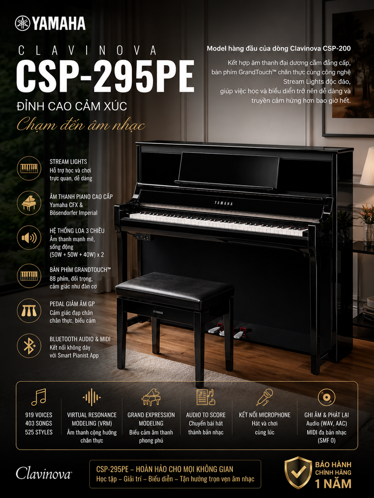 Đàn Piano Điện Yamaha Clavinova CSP-295 Chính Hãng | GrandTouch™ | Smart Pianist | Bluetooth