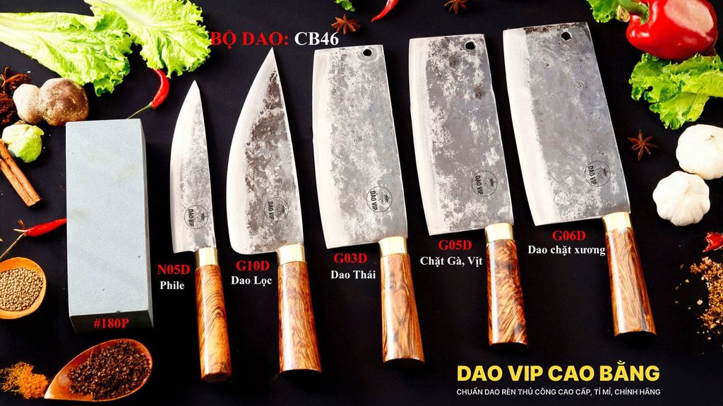 BỘ DAO BẾP CB46 cán cẩm khâu đồng + ĐÁ MÀI DAO VIP CAO BẰNG