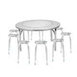  Combo Bàn inox SUPER xoay 1m4 chân xếp 304 + 10 Ghế đẩu inox DONA mặt 30 phi 25 bông 