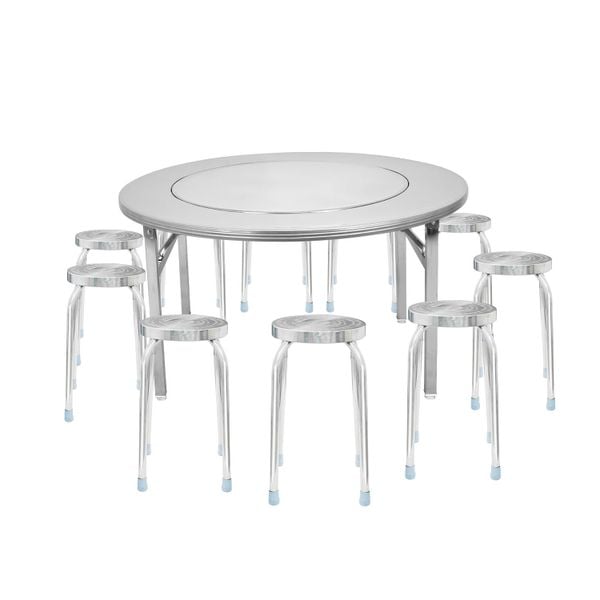 Combo Bàn inox SUPER xoay 1m4 chân xếp 304 + 10 Ghế đẩu inox DONA mặt 30 phi 25 bông