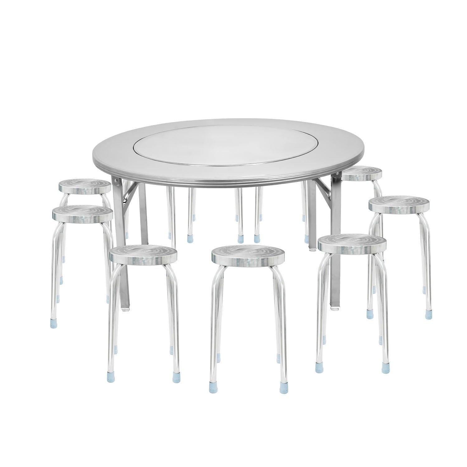 Combo Bàn inox SUPER xoay 1m4 chân xếp 304 + 10 Ghế đẩu inox DONA mặt 30 phi 25 bông 