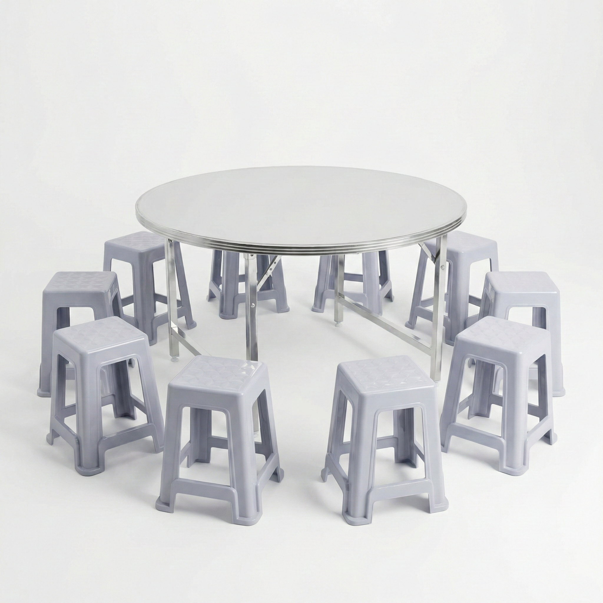  Bàn Inox Dona chân xếp thái 1m2 + 10 ghế nhựa cao Super 