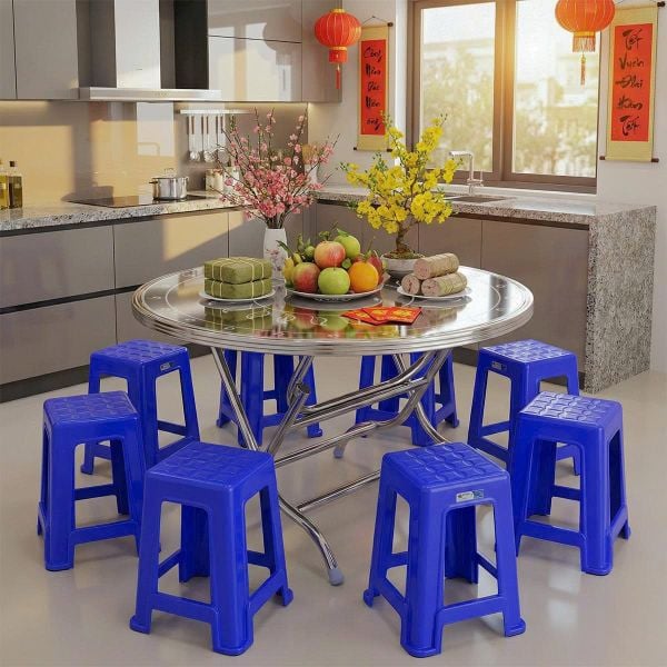 Bàn inox FELIX 1m4 6U 304/201 - Chiếc lá + 10 Ghế cao Super