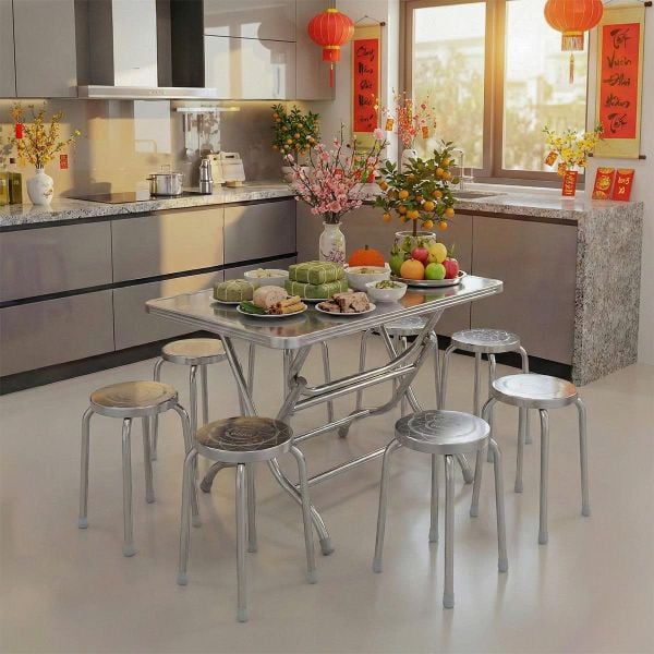 Bàn inox FELIX 700 x 1400 (mm) 304 + 8 Ghế đẩu inox DONA 304