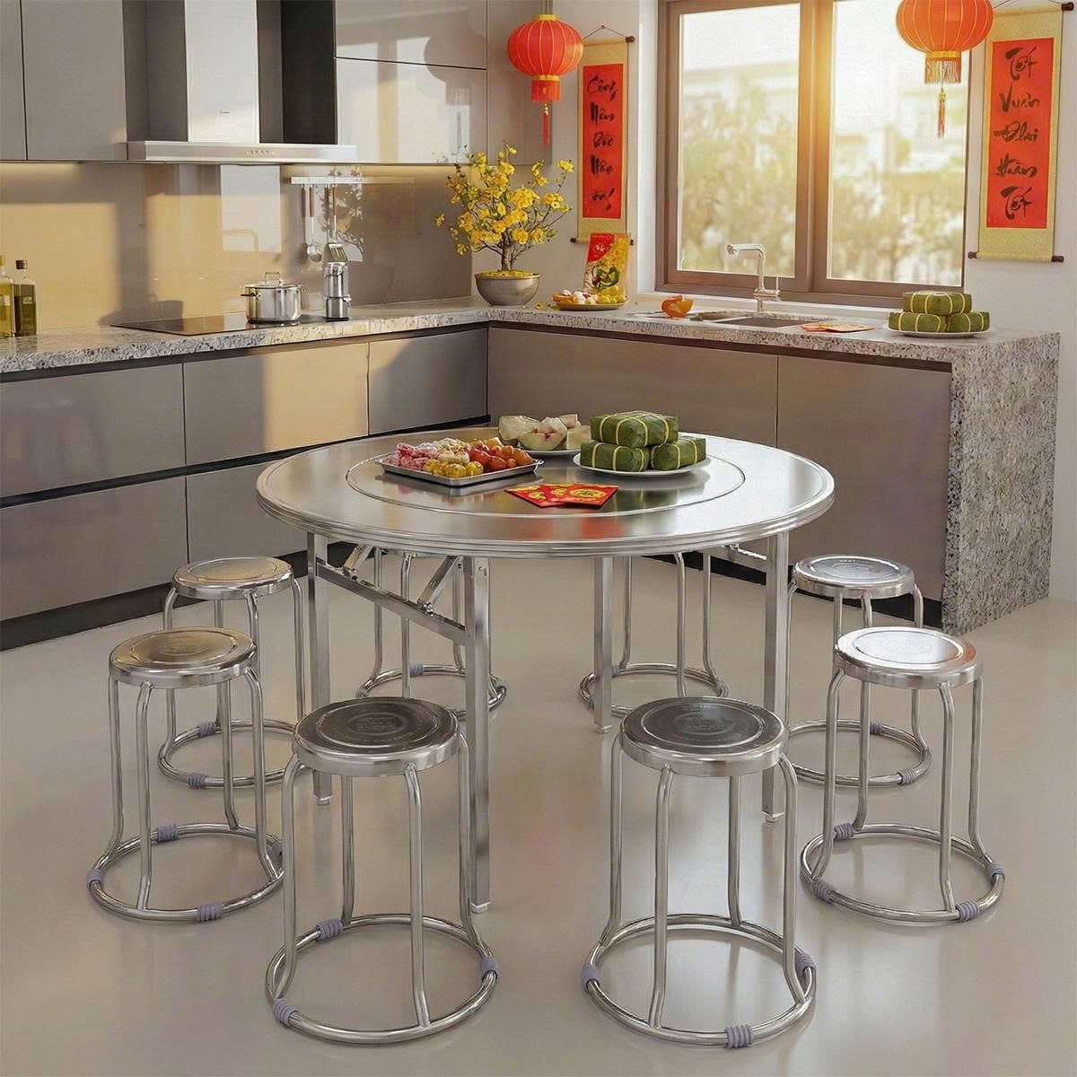  Bàn inox SUPER xoay 1m4 + 10 Ghế đôn inox DONA 304 