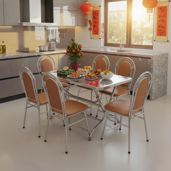 Bàn inox FELIX 700 x 1200 (mm) 201 + 6 Ghế xếp nệm inox Win Oval