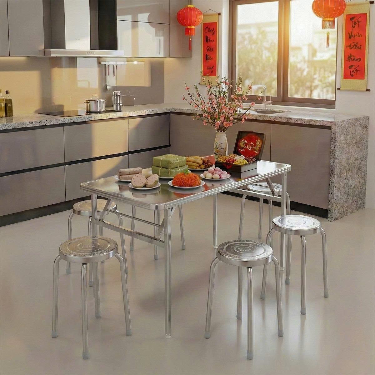  Bàn inox FELIX Inno 700x1200 mm + 10 Ghế đẩu inox DONA 201 