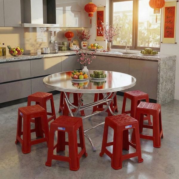 Combo Bàn inox DONA 1m2 cạnh vuông + 10 Ghế cao super