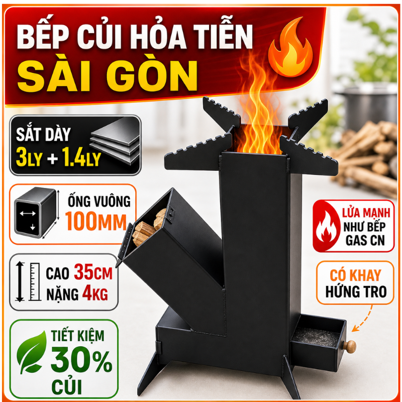 Bếp củi hỏa tiễn sài gòn – tiết kiệm củi,lửa mạnh như bếp gas công nghiệp