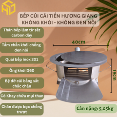 Bếp củi cải tiến Hương Giang siêu bền tròn 40cm nấu -nướng- lẩu có bệ đỡ củi, ống khói, chống đen nồi