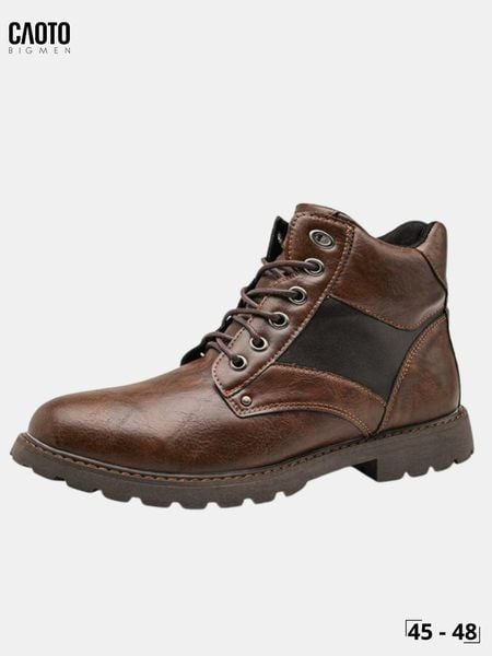  Giày Boot Nam Big Size Da Nâu Cổ Cao Phối Đen Đế Cao Su Phong Cách Size 45 - 48 