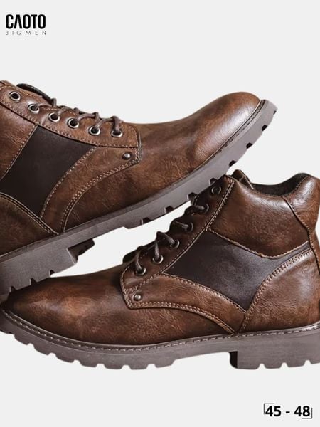  Giày Boot Nam Big Size Da Nâu Cổ Cao Phối Đen Đế Cao Su Phong Cách Size 45 - 48 