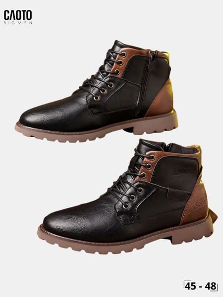  Giày Boot Nam Big Size Da Đen Phối Nâu Cổ Cao Có Khóa Kéo Thời Trang Size 45 - 48 