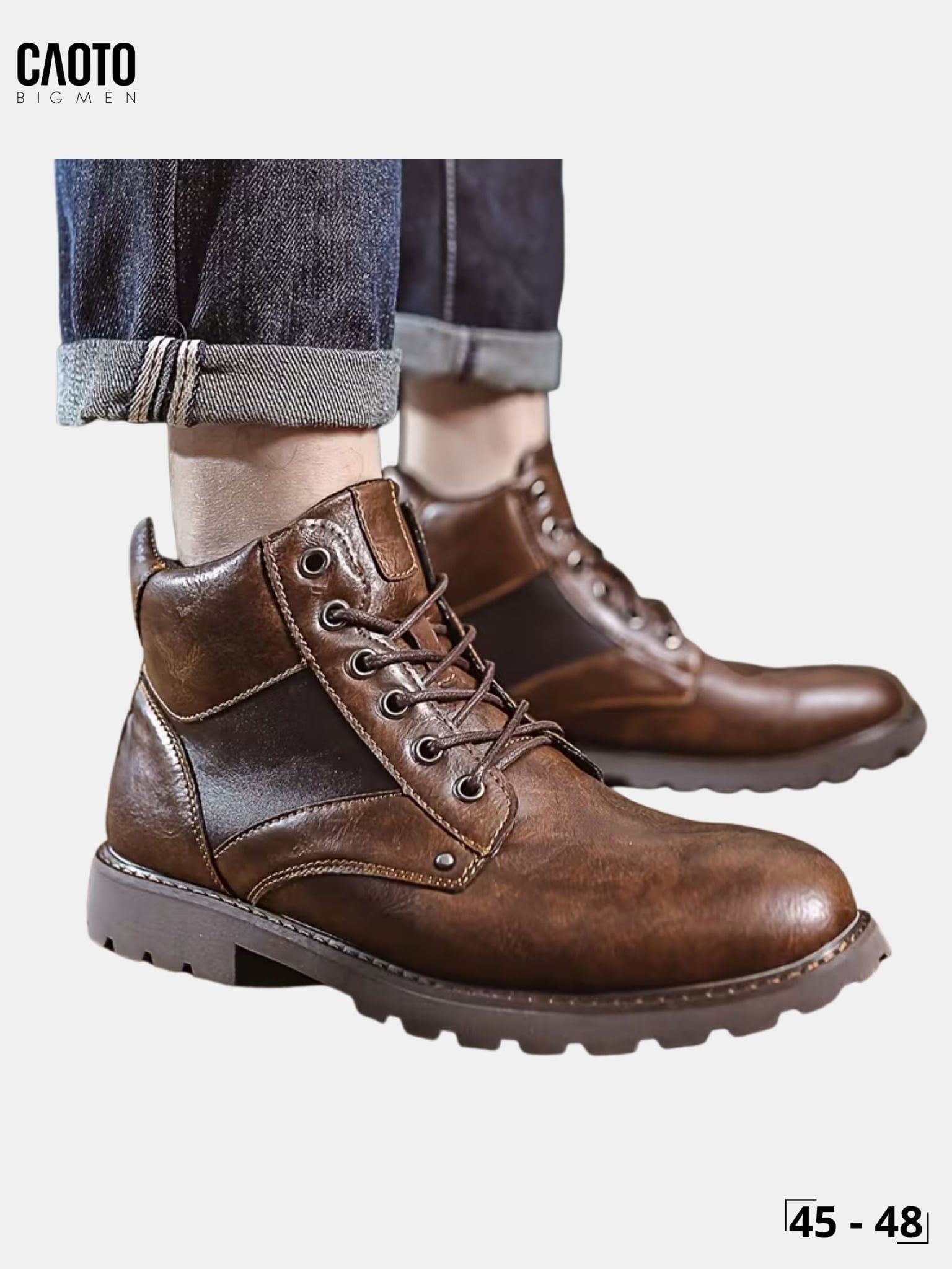  Giày Boot Nam Big Size Da Nâu Cổ Cao Phối Đen Đế Cao Su Phong Cách Size 45 - 48 