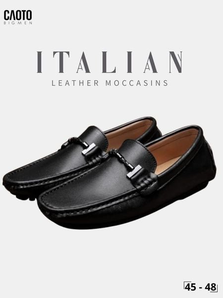  Giày Lười Nam Big Size Italian Loafers Da Mềm Moccasin Nhẹ Chân Màu Đen Size 45 - 48 