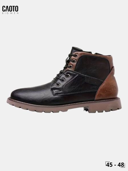  Giày Boot Nam Big Size Da Đen Phối Nâu Cổ Cao Có Khóa Kéo Thời Trang Size 45 - 48 