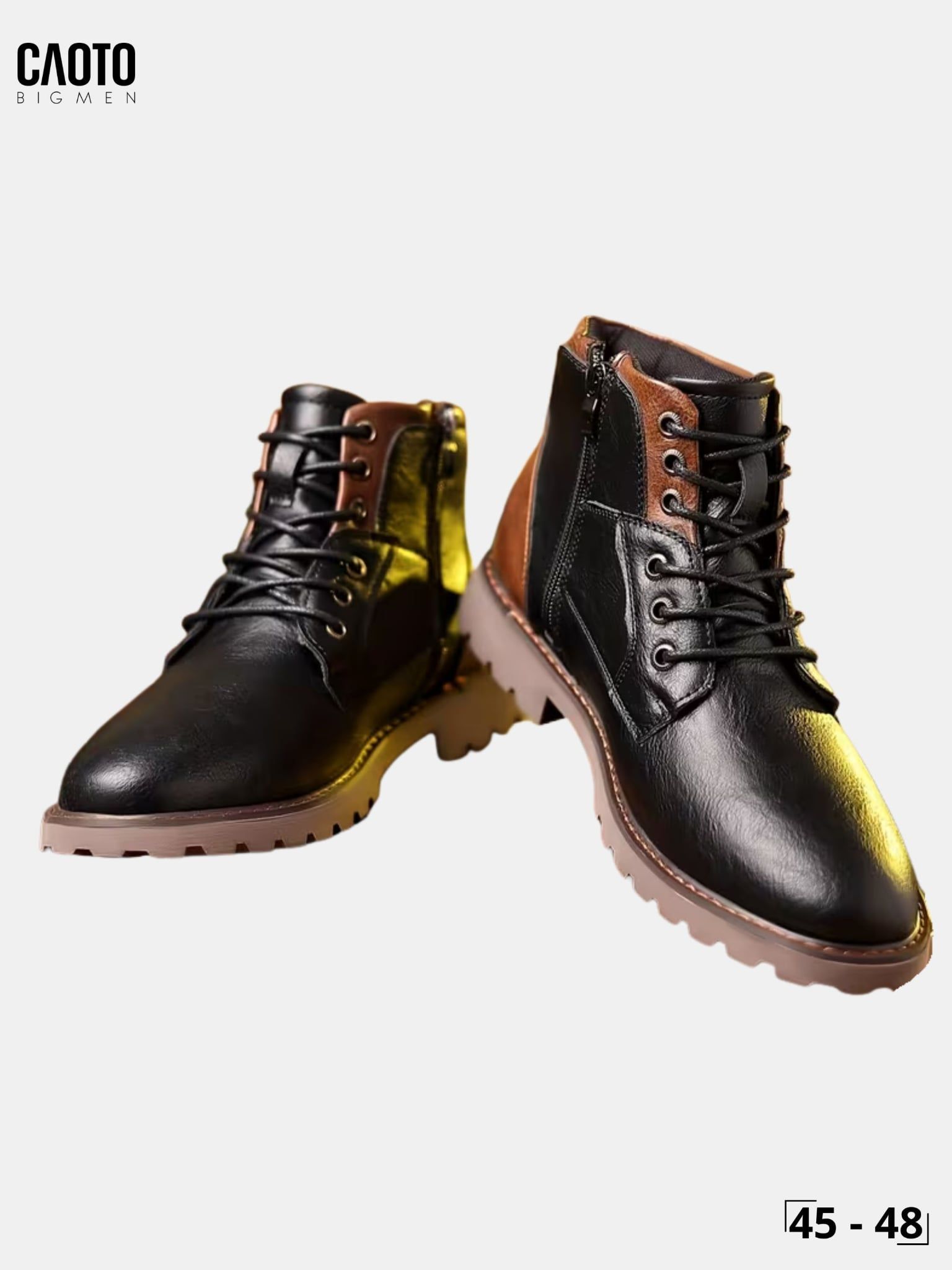  Giày Boot Nam Big Size Da Đen Phối Nâu Cổ Cao Có Khóa Kéo Thời Trang Size 45 - 48 