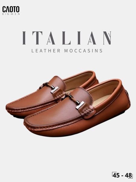  Giày Lười Nam Big Size Italian Loafers Da Mềm Moccasin Nhẹ Chân Màu Nâu Size 45 - 48 