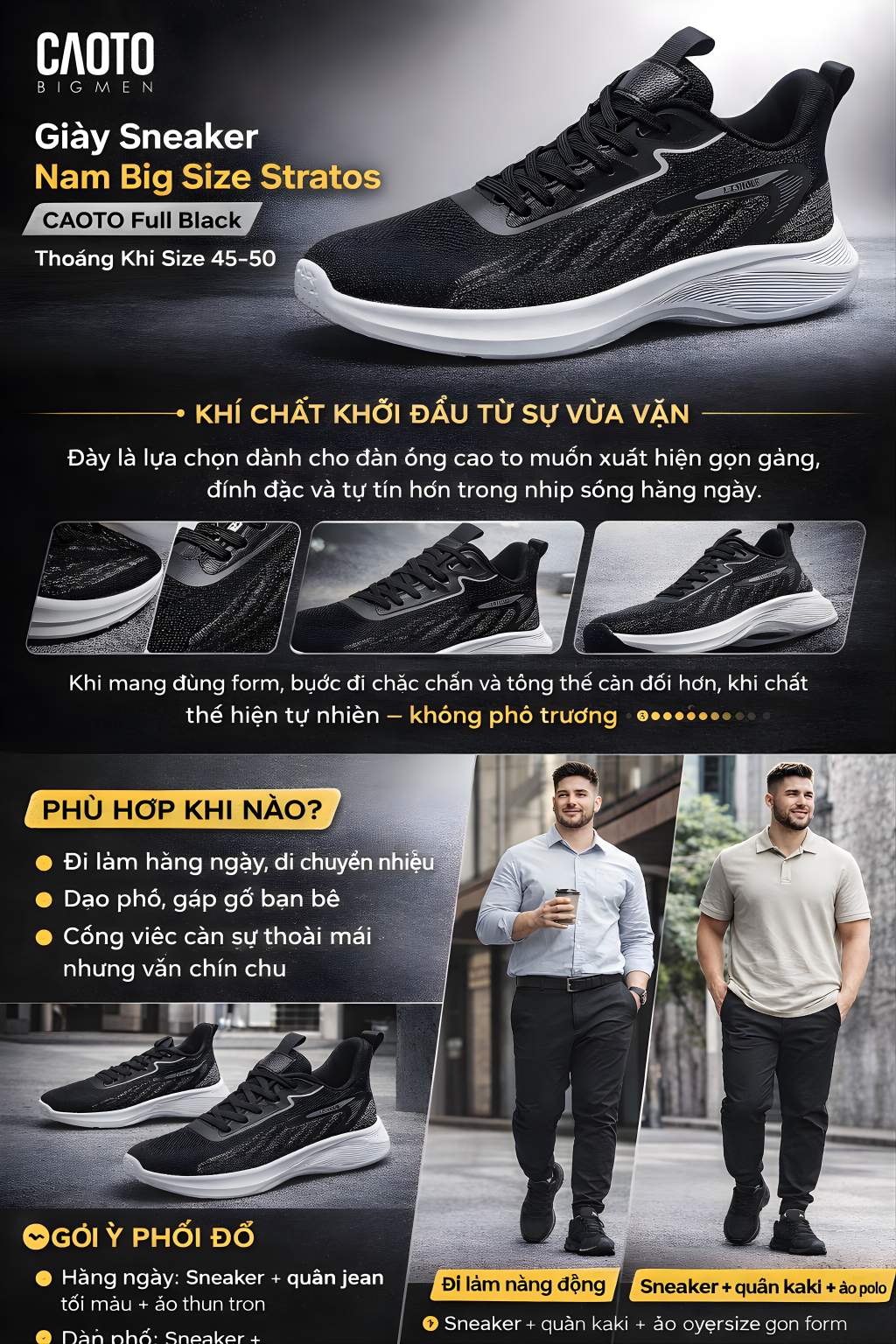  Giày Sneaker Nam Big Size Stratos Full Black Thoáng Khí Thể Thao Size 45–50 