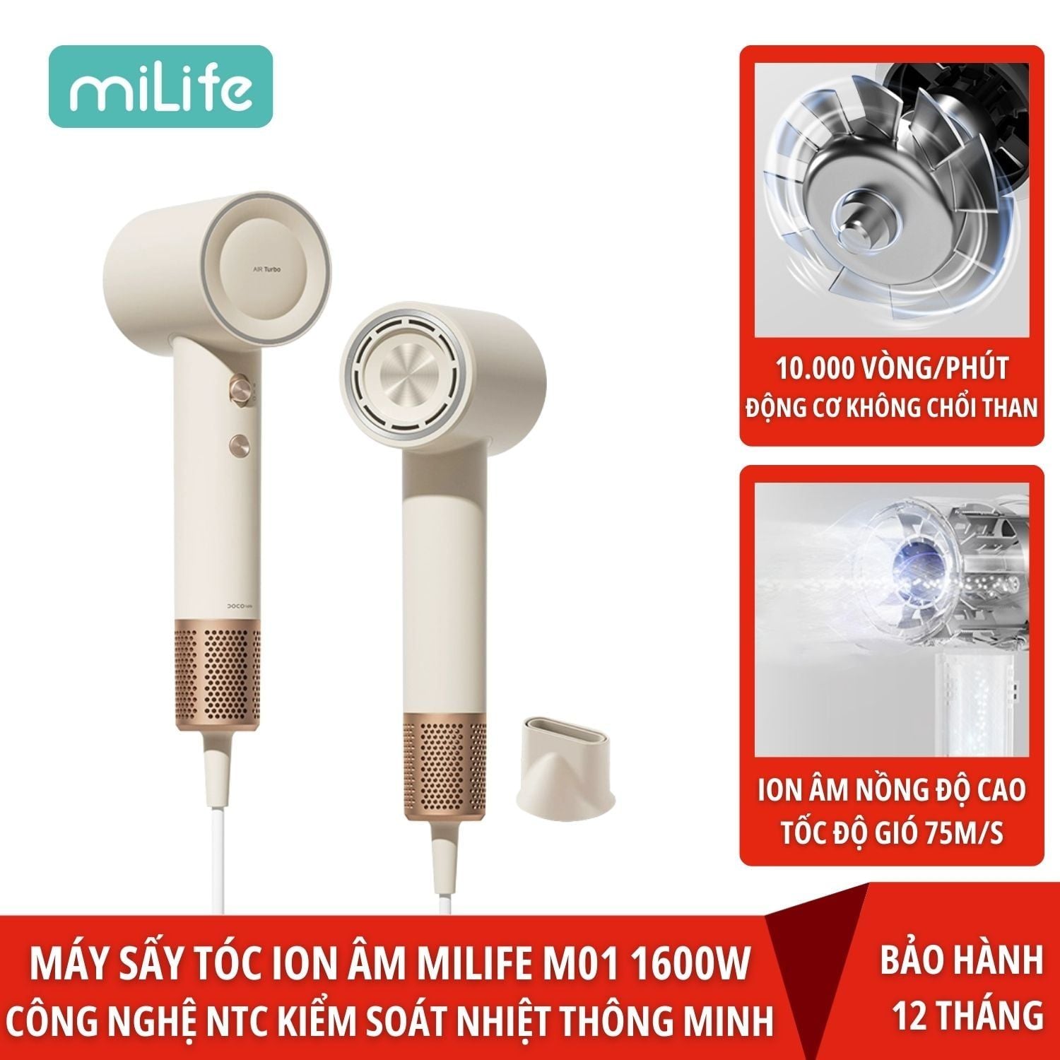 Máy sấy tóc miLife M01 với 60 triệu ion âm cùng 8 chế độ sấy