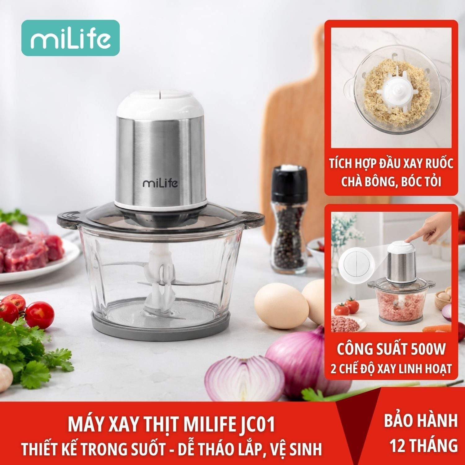 Máy xay thịt miLife JC01 500W kèm lưỡi đánh bông ruốc, bóc tỏi
