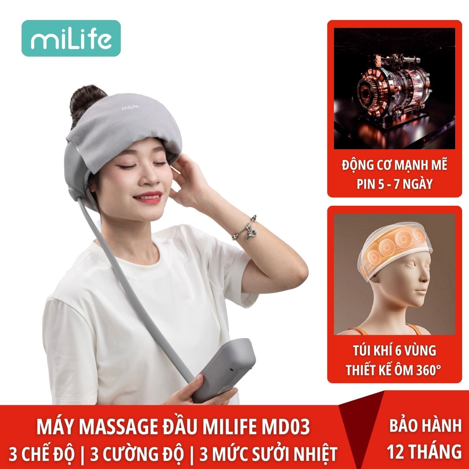 Máy massage bóp đầu miLife MD03 sưởi nhiệt 3 cấp, bóp đầu 3 mức