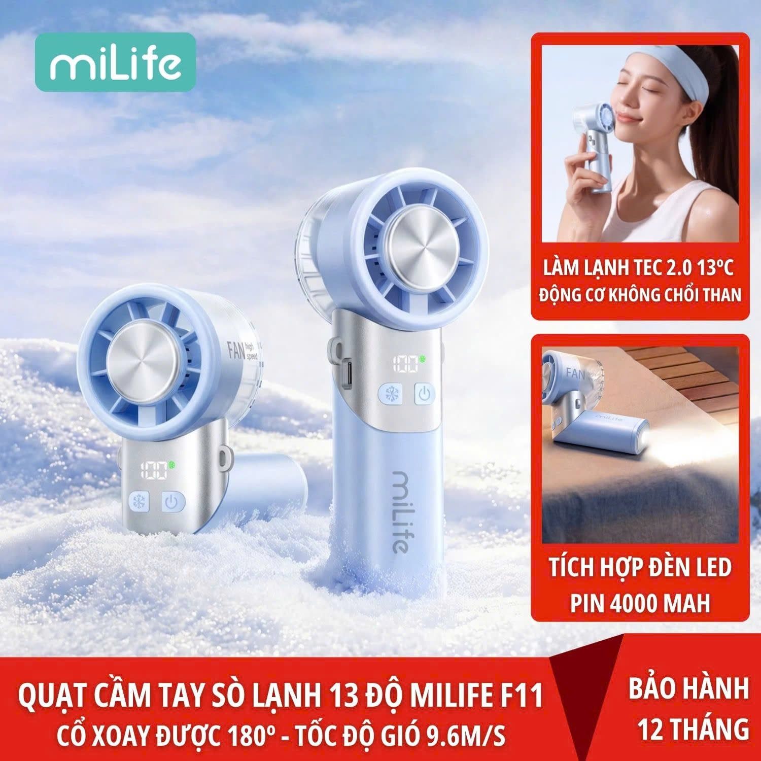 Quạt cầm tay tích điện miLife F11 đầu xoay 180 độ