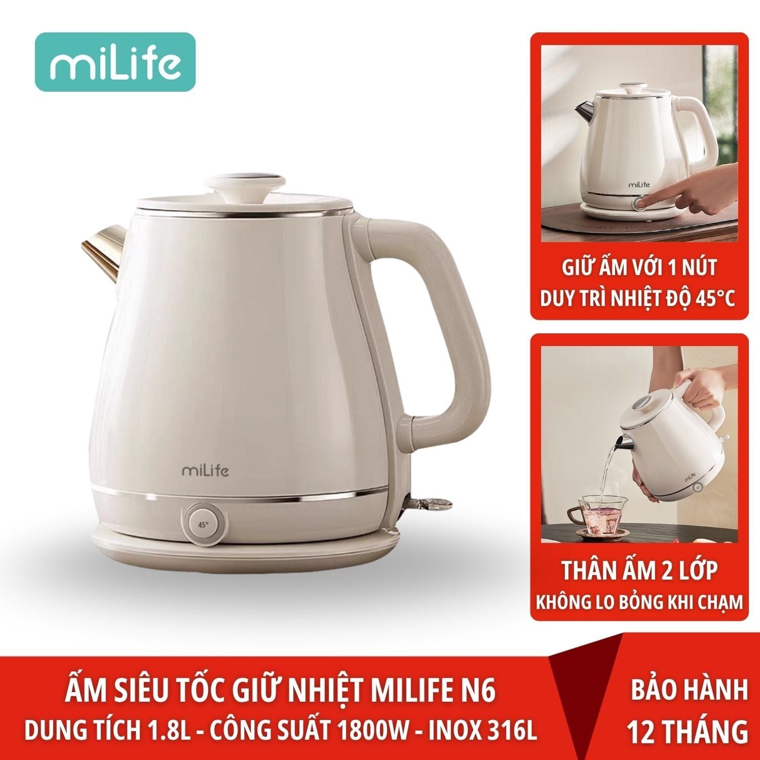 Ấm siêu tốc cao cấp giữ nhiệt miLife N6 1.8L