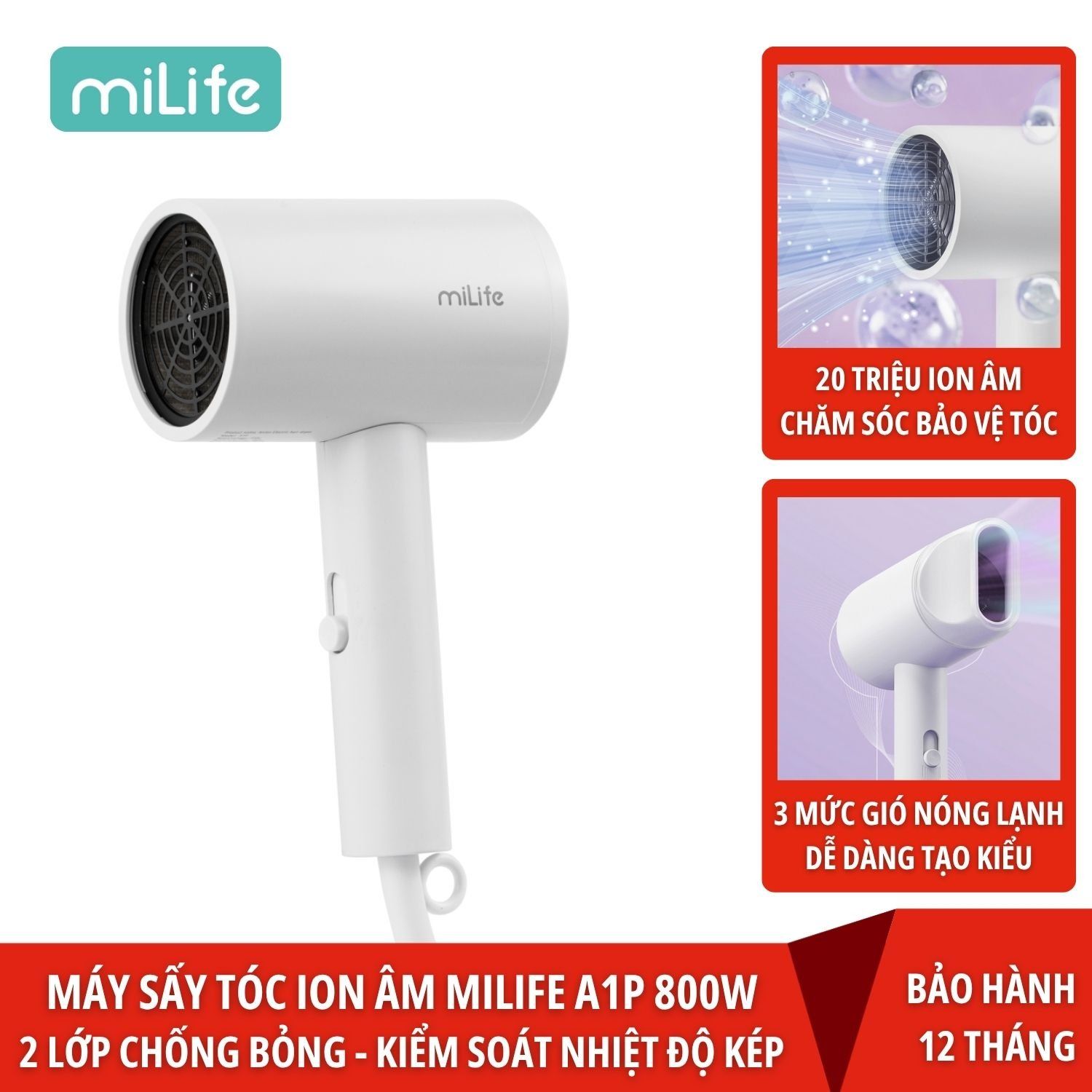 Máy sấy tóc ion âm miLife A1P 800w với ánh sáng xanh bảo vệ tóc