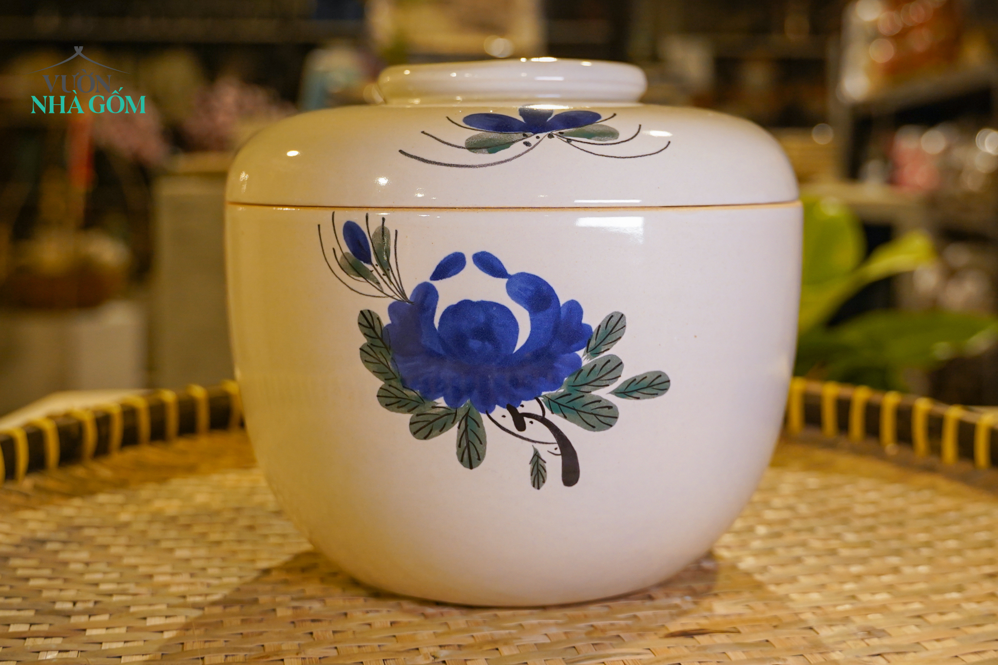  Thố Gốm 16cm Vẽ Tay Bông Xanh – Vườn Nhà Gốm – Thố Đựng Mỡ, Cơm, Canh. 
