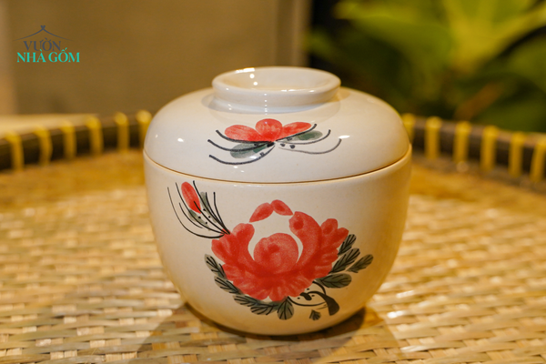  Thố Gốm 14cm Vẽ Tay Bông Đỏ – Vườn Nhà Gốm – Thố Đựng Mỡ, Dưa Muối. 