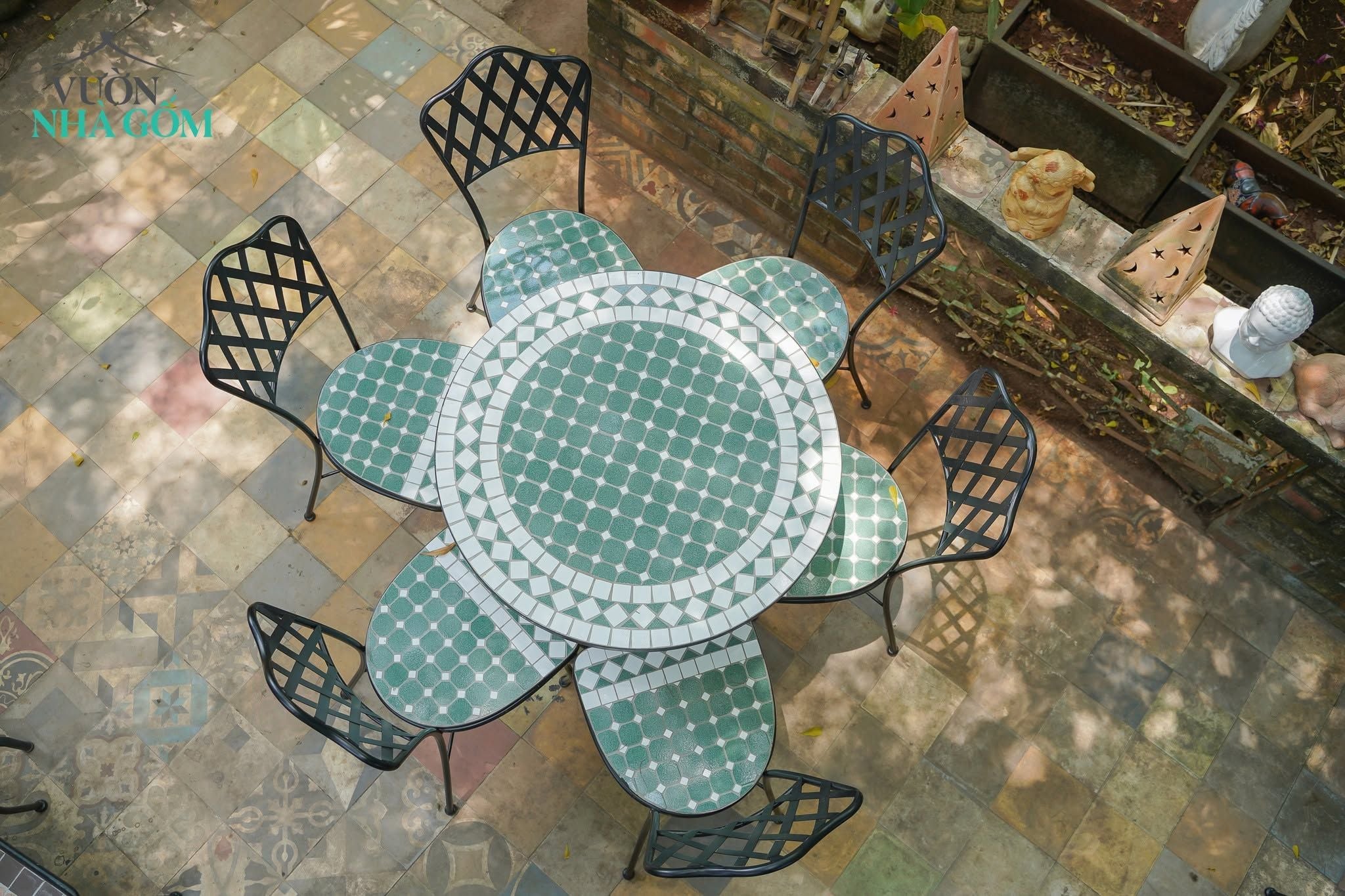  Bộ Bàn Ghế Tròn Xanh Lá 80cm - Bàn Ghế Mosaic Hiện Đại, Phù Hợp 6 người. 
