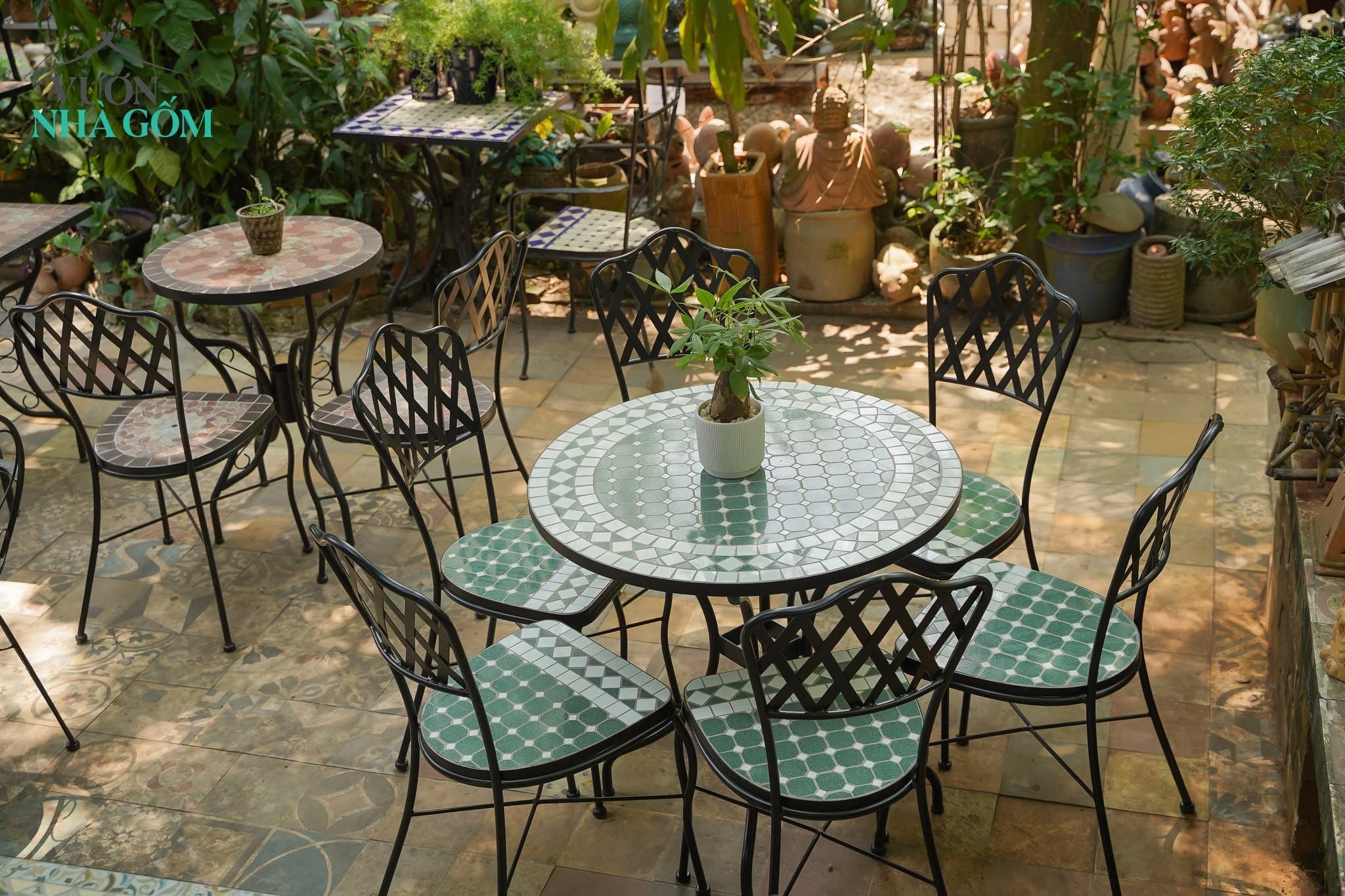  Bộ Bàn Ghế Tròn Xanh Lá 80cm - Bàn Ghế Mosaic Hiện Đại, Phù Hợp 6 người. 