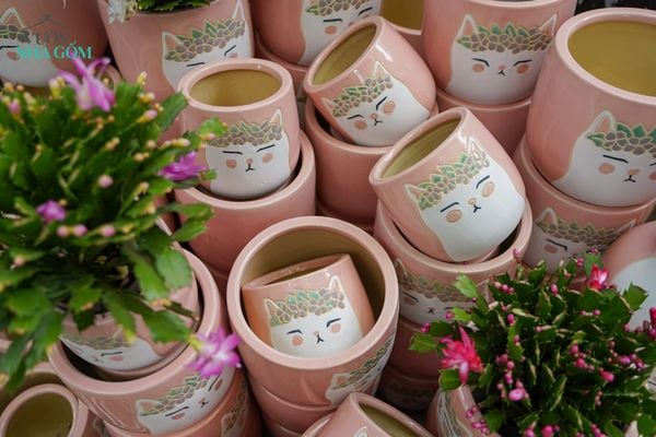  Chậu Mèo Hồng Mặt Quạo, Chậu Gốm Trồng Cây Dễ Thương, 2 size tuỳ chọn. 