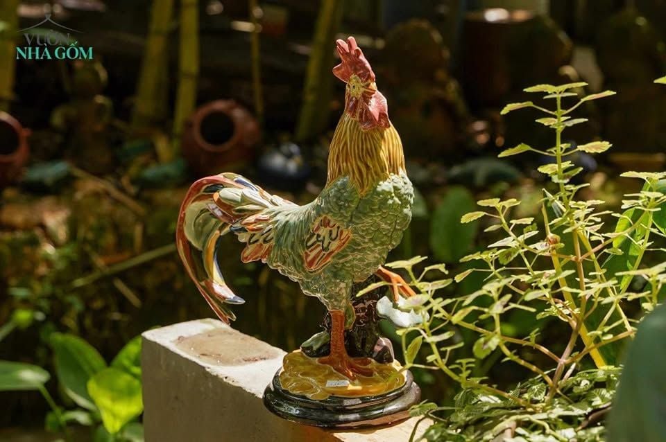  Tượng Gà Trống thủ công mỹ nghệ, màu trắng, gốm Nam Bộ, C38xD30cm- SP002741 