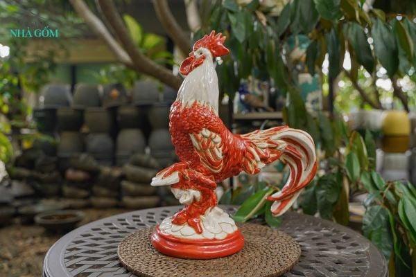 Tượng Gà Trống thủ công mỹ nghệ, màu trắng, gốm Nam Bộ, C38xD30cm- SP002741 
