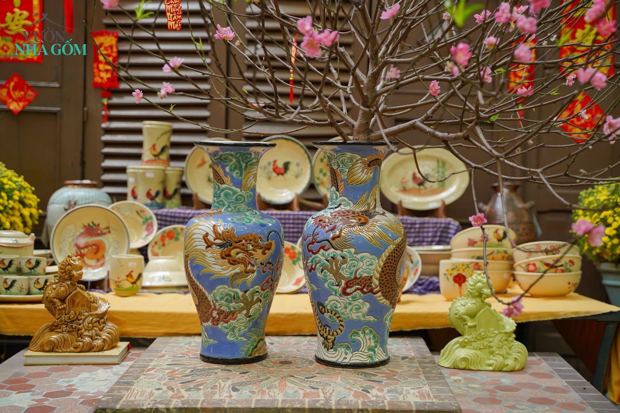  Bình Long Tranh Hổ Đấu, H43cm, gốm mỹ nghệ Nam Bộ - SP001141 