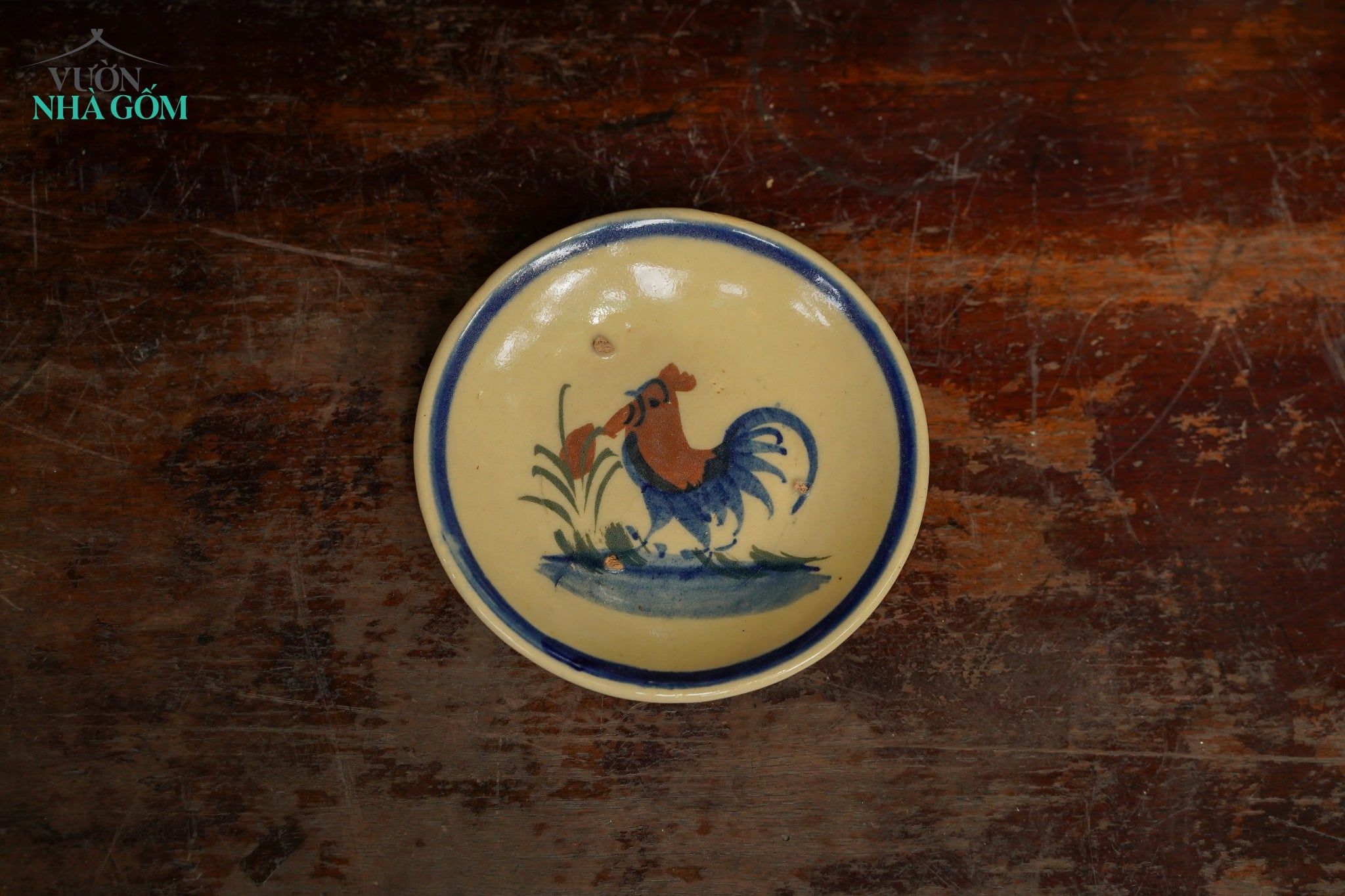  CBLT, Dĩa Đựng Nước Chấm Vẽ Gà - Chén Bát Lái Thiêu - Rộng 13cm x Cao 2,5cm. 