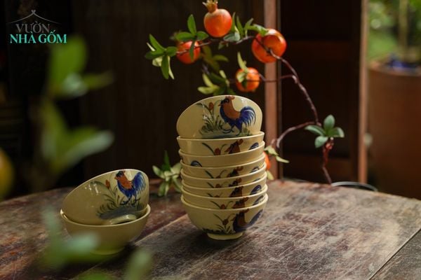  CBLT, Chén Cơm Vẽ Gà (Lò Gas) - Chén Bát Lái Thiêu - Rộng 12cm x Cao 5,5cm. 