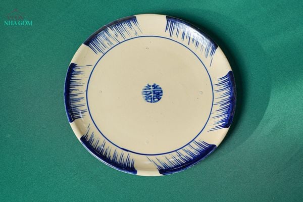  CBLT, Dĩa Dẹt Lớn Phết Xanh Rộng 26cm, Chén Bát Lái Thiêu Truyền Thống, Dĩa Gốm Nam bộ, Đĩa Lớn. 