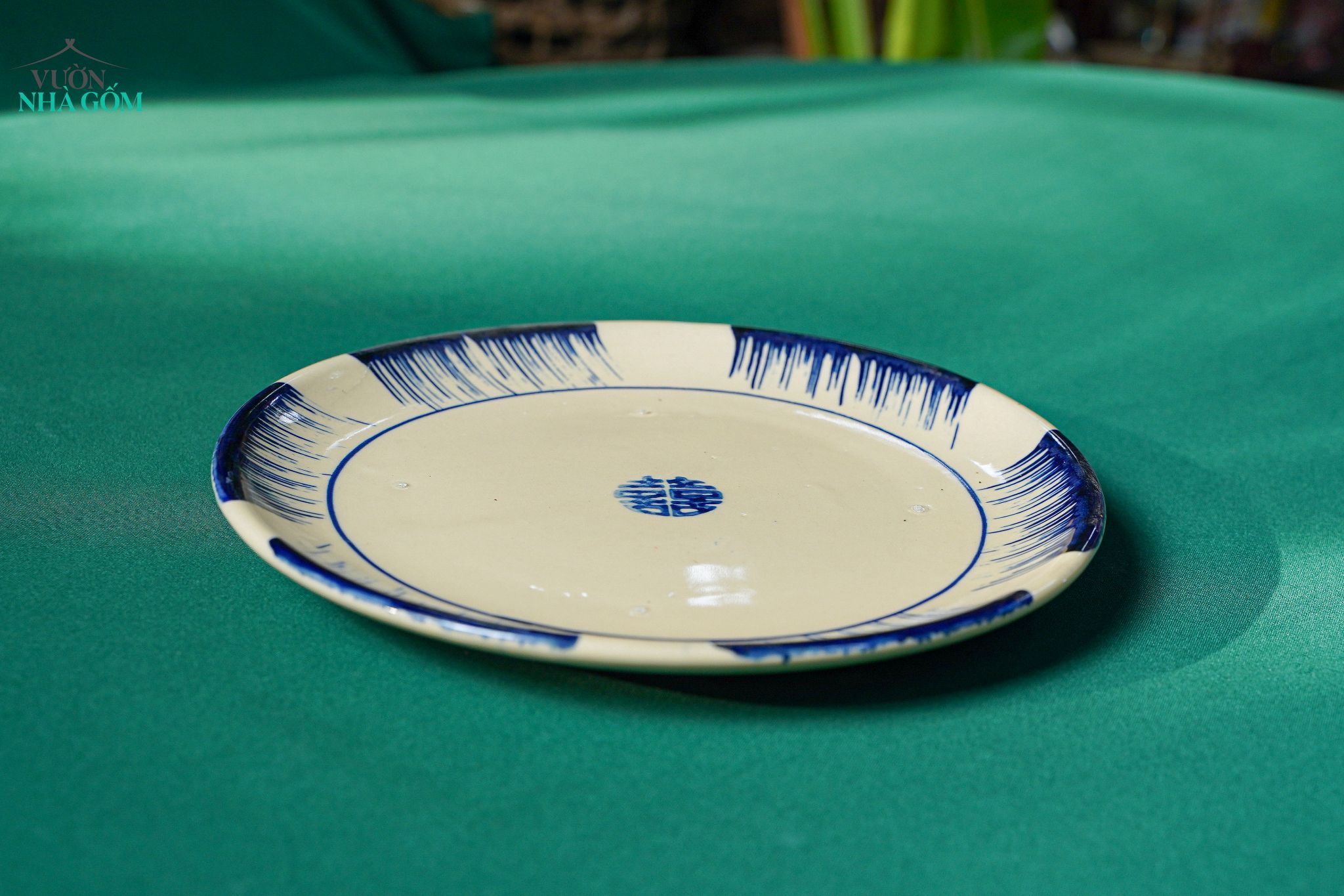  CBLT, Dĩa Dẹt Lớn Phết Xanh Rộng 26cm, Chén Bát Lái Thiêu Truyền Thống, Dĩa Gốm Nam bộ, Đĩa Lớn. 