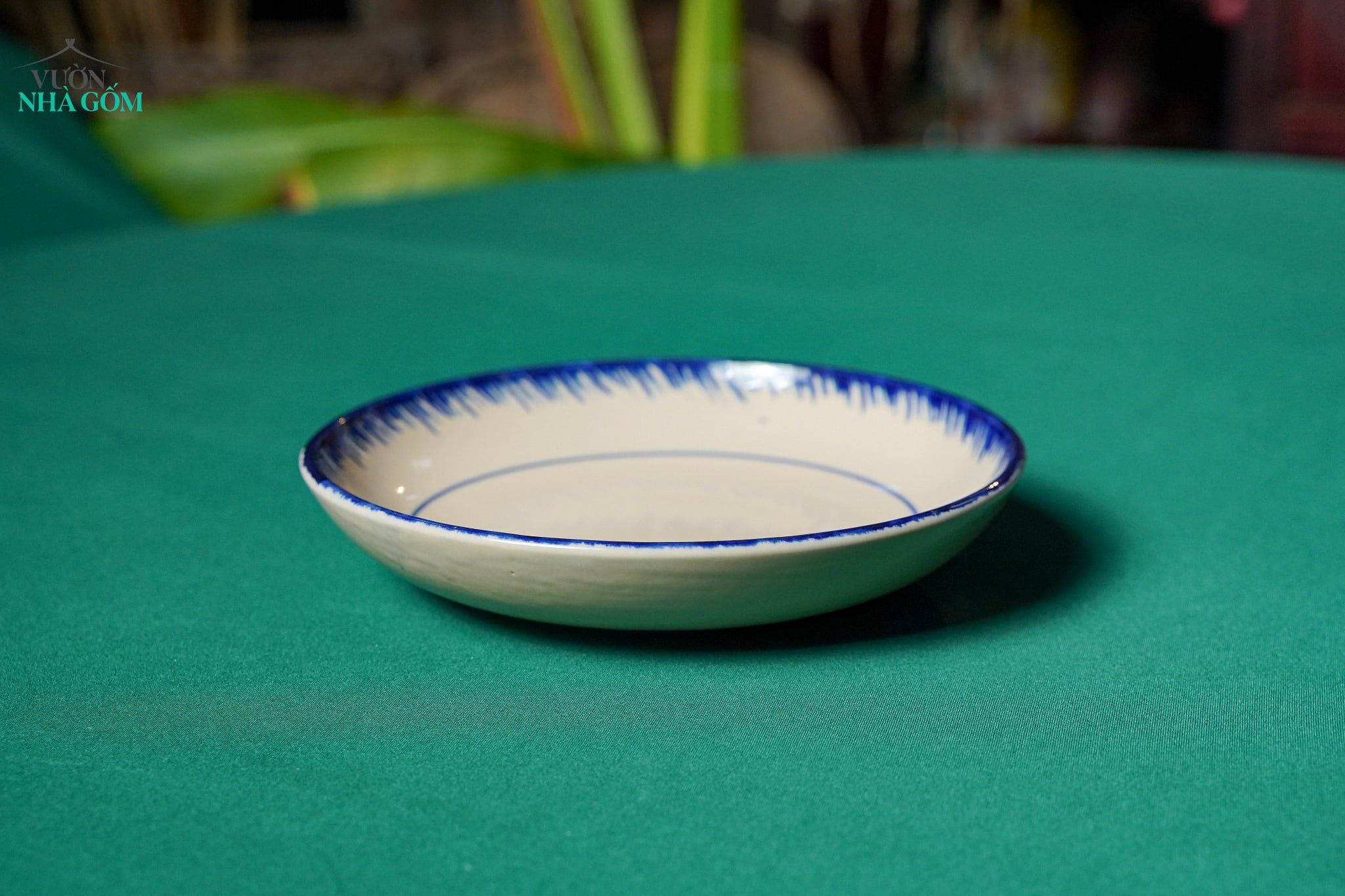  CBLX, Dĩa Sâu Lòng Vẽ Phết Xanh Rộng 22cm - Chén Bát Hiện Đại - Đĩa Salad, Dĩa Đựng Rau. 