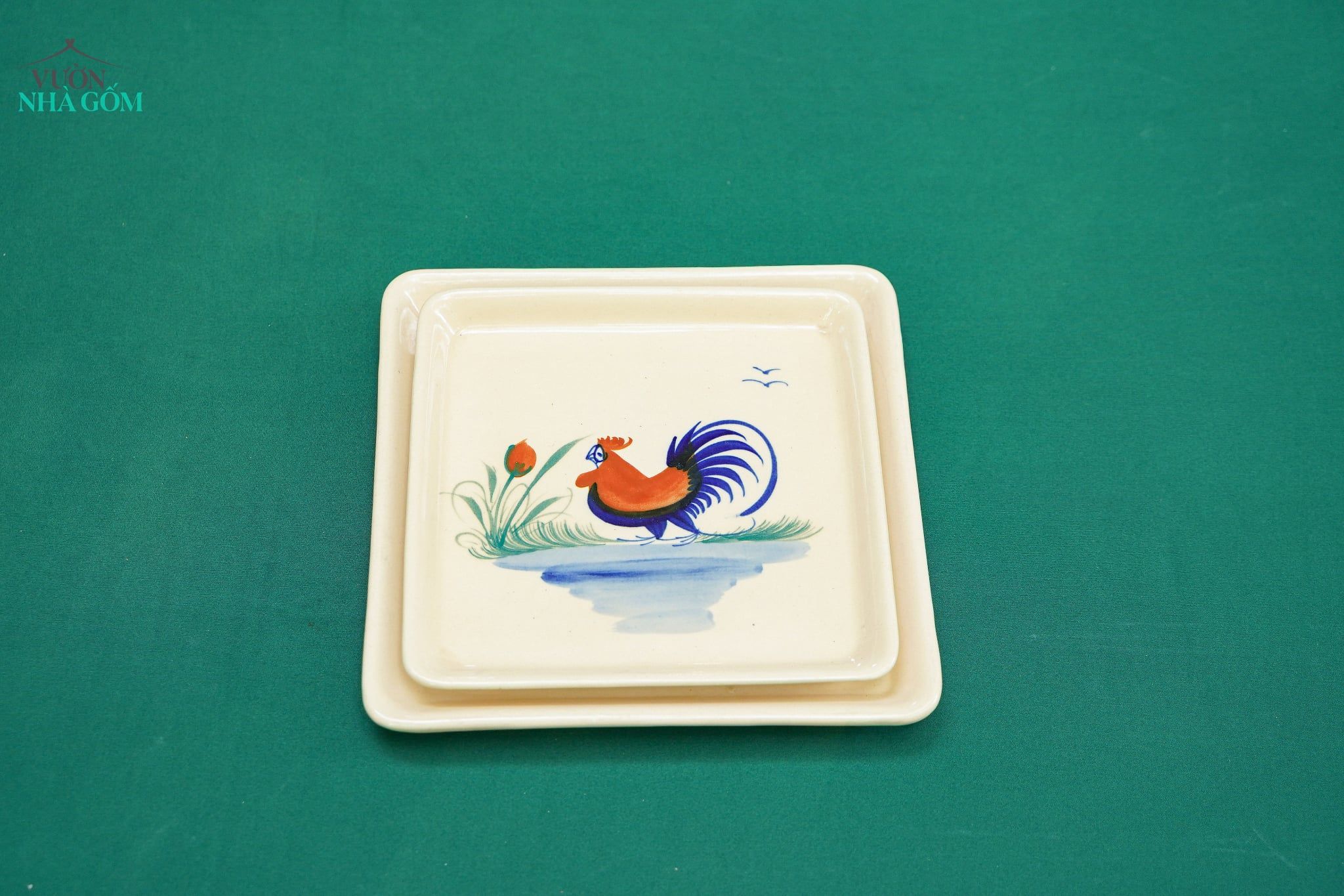  CBLX, Dĩa Vuông Vẽ Gà Rộng 23cm, Rộng 25cm - Chén Bát Hiện Đại - Đĩa Salad, Dĩa Đựng Rau. 
