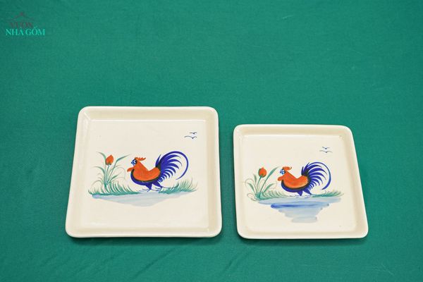  CBLX, Dĩa Vuông Vẽ Gà Rộng 23cm, Rộng 25cm - Chén Bát Hiện Đại - Đĩa Salad, Dĩa Đựng Rau. 