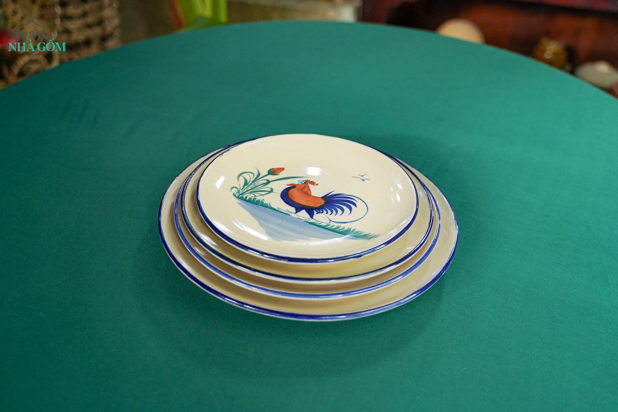  CBLX, Dĩa Dẹt Lớn Vẽ Gà Rộng 22cm - Chén Bát Hiện Đại - Đĩa Salad, Dĩa Đựng Rau. 
