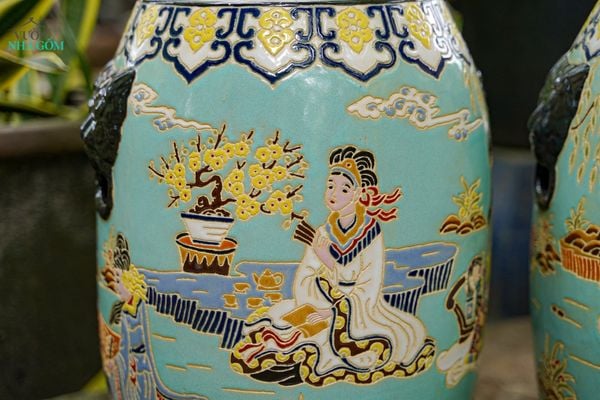  Đôn Trống khắc hoạ tiết Phi Tần tay cầm hình khối, Màu Mint, gốm mỹ nghệ Nam Bộ, C44 x R35 x M24cm  - SP035918 